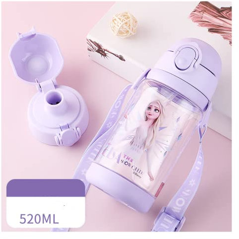 ISABELLA MOON Water Bottle Reusable Kids 520ml PP with Two Lids Leak Proof with straw Lid BPA Free Drinking bottle (Elsa)