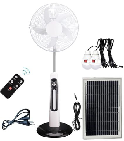 XNXYSMKJ 16inch 12v Dc Solar Ac Dc Fan Solar Rechargeable Fan W/Solar Panel USB Charge&LED Light,Remote Control 5 Blade Portable Solar Stand Fan
