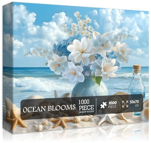 PICKFORU Beach Puzzles for Adults 1000 Pieces, Summer Ocean Flower Jigsaw Puzzle, Shell Starfish Marine Themed Challenging for Adults