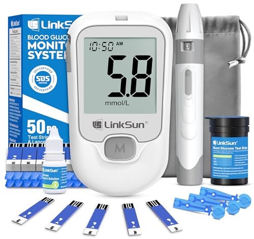 LinkSun G-425-1 Blutzuckermessgerät, Zuckermessgerät mit 50 Teststreifen, 50 Lanzetten, 1 Stechhilfe, 1 Glucose-Kontrolllösung mit Automatischer Zeit/Datum-Anzeige & Codierungsfrei, mmol/L