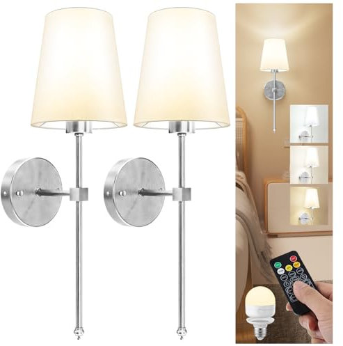 LGMCF Battery Operated Wall Sconce Set of 2, Rechargeable Wall Lights with 5000mAh Detachable Charging Bulbs and Remote, 3 Color Dimmable Wireless Sconces for Bedroom Living Room Hallway, Silver