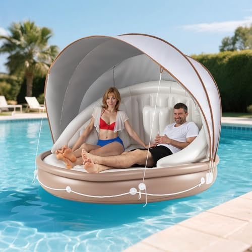 GOPLUS Lit Flottant Gonflable 2-3 Personnes avec Auvent,Ile Gonflable Flottuer Geant pour Piscine,Plage,Terrasse,Charge Max 180 KG,186X186 X 155 CM sans Souffleur