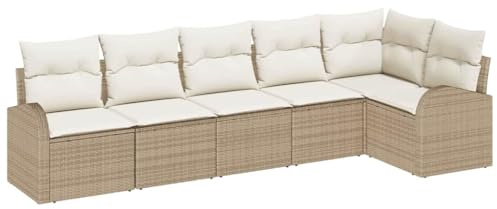 vidaXL 6-teiliges Garten-Sofa-Set mit Kissen | Modulares Poly-Rattan mit verstellbaren Füßen für deinen Balkon oder Deine Terrasse in Beige und Weiß, luxuriöse wetterfeste Sommerlounge