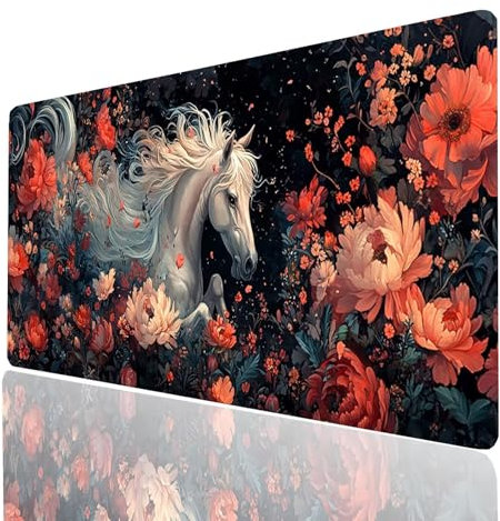 Alfombrilla Ratón XXL 90x40x0.3CM, Impermeable Alfombrilla Escritorio Caballo, Flor Mouse Pad con Base de Goma Antideslizante, Protector Escritorio para Portatil Teclado Gamer Raton Model-07685