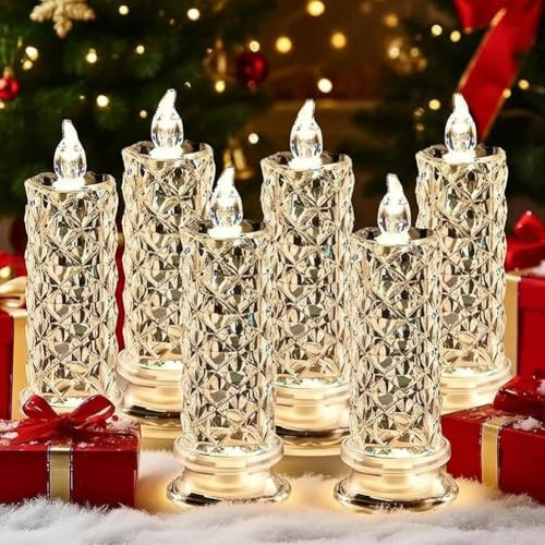 LexTex Set Mit 4 LED-Kristallkerzenlichtern, Flammenlosen LED-Kerzen, Flammenlosen Rosenschatten-LED-Kerzen, Romantischen Flammenlosen Stumpenkerzen(Weiß,6PCS)