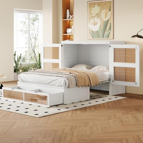 Bladez Schrankbett 140x200 cm | Platzsparendes Wandbett/Murphy Bed mit Lattenrost & Stauraum |Rattan-Design, Holzbetten, Jugendbetten, Einzelbetten | mit Stauraumschubladen(White + Wood)