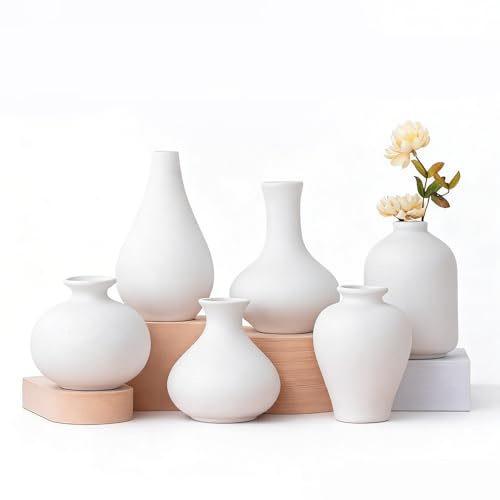 Keramikvase Set, 6 Weiße Keramik Vasen, Sie Ihr Eigenes Keramik-Vasen-Set | Blumenvasen für Moderne Wohnkultur, für DIY, Wohnzimmer, Regaldekor, Esstisch Bücherregal Kaminsims Eingang
