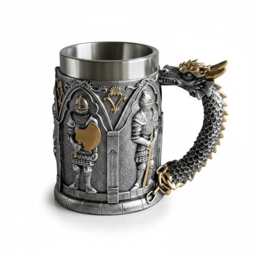 Nardessa Boccale Vichingo in Resina e Acciaio Inox – Design Guerriero con Rune e Drago (450 ml) (450 ml, Viking)