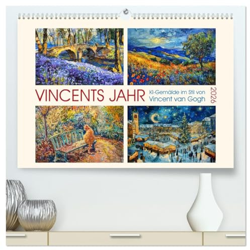 Vincents Jahr (hochwertiger Premium Wandkalender 2026 DIN A2 quer), Kunstdruck in Hochglanz: KI-Gemälde im Stil von Vincent van Gogh (CALVENDO Kunst)