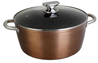 WECOOK! Professional Cazuela Alta Inducción con Tapa de Cristal 28 cm, Antiadherente Ecológico sin PFOA, Aluminio Forjado, Color Cobre, 2,8 mm Espesor, Asas de Acero Inoxidable, Vitrocerámica, Gas