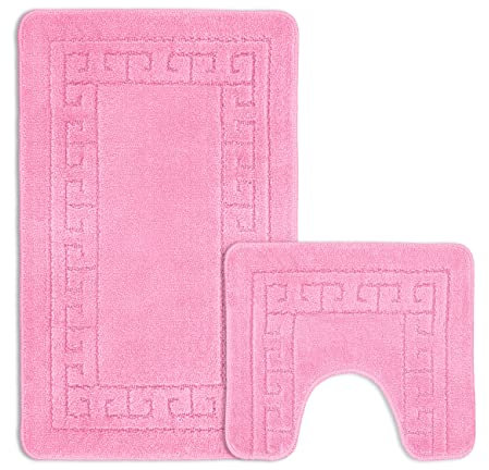 Velosso Non Slip Striped 2 Piece Bath Mat & Pedestal Mat Greek Key Plain Colours (Pink)