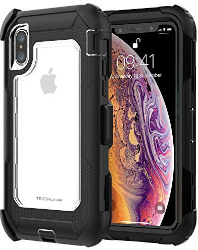 TECHGEAR Contender Case for iPhone XS, iPhone X, Heavy Duty Shockproof [Tough Armour] Case with Built-in Screen Protector, 360 [Full Body] Protective Cover with Kick Stand and Holster, Black/Clear