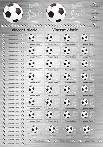 INDIGOS UG Namensaufkleber Kinder Schule Edelstahllook - 012 - Fußball - 69 Sticker personalisiert - Namensschilder für KITA, Stifte, Lineale, Federmappen - Etiketten selbstklebend