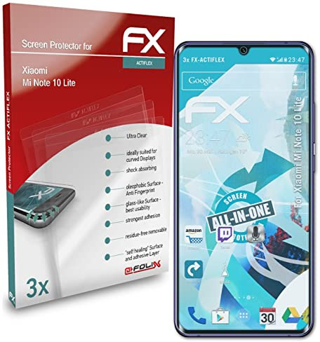 atFoliX Schutzfolie kompatibel mit Xiaomi Mi Note 10 Lite Folie, ultraklare und flexible FX Displayschutzfolie (3X)