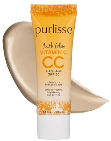pūrlisse Youth Glow Vitamin C CC Cream SPF 50 - Radiant Finish Tinted Moisturizer - Korean Skin Care Formula with Hyaluronic Acid & Vitamin C to Hydrate, Brighten & Even Skin - Light (1.4 oz)