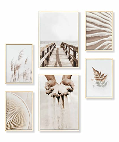Heimlich® Premium Poster Set mit Bilderrahmen Aluminium Gold | 2 x DIN A3 & 4 x DIN A4 - ca. 30x42 & 21x30 | Stilvolle Poster Collagen mit passenden Bilder als Wanddeko » Strand Beige Gras «