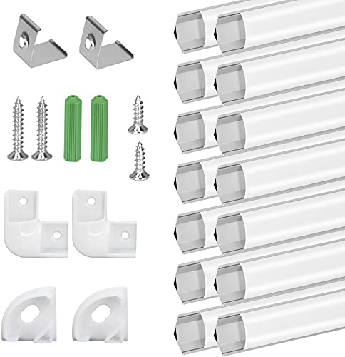 Profile Aluminium LED Angle 45°, 14 x 1M/3.3ft V-Shape avec Couvercle Blanc laiteux Transparent, Embouts et Clips de Montage en Métal, Compact et facile à couper et à installer pour Ruban LED (Argent)