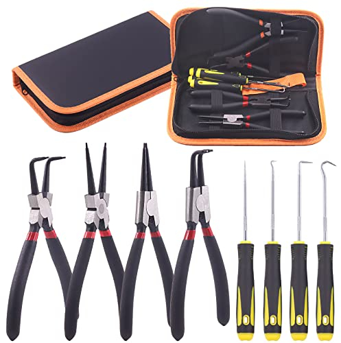 Keadic 8 Pcs 7-Inch Snap Ring Pliers with Hook Set Includes Straight/Bent/Jaw/Tips C-Clip and Precision Removal Hook, Internal/External Circlip Oil Seal Snap Ring Pliers Set Ki