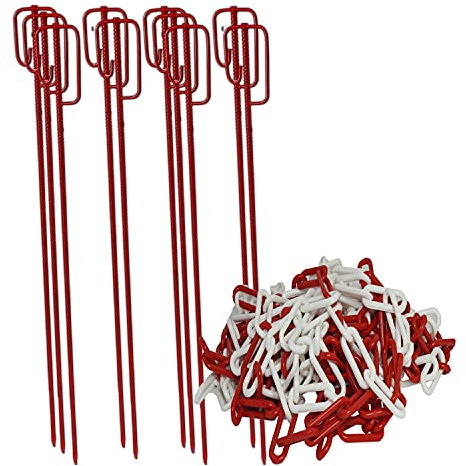 UvV Absperrleinenhalter 10 Stück mit Kette Ø 14 x 1200 mm geriffelt, verschiedene Farbkombinationen erhältlich, Absperrkette aus Kunststoff mit 25 Metern Länge und wahlweise 6 oder 8 mm (ROT 8 mm)
