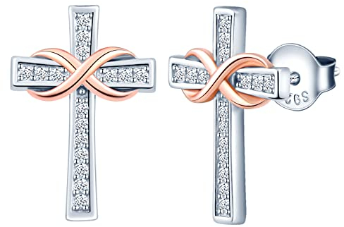 INFINIONLY Women's girl's Earrings Studs, 925 sterling silver earring stud, Silver cross earrings inlaid with rose gold infinity symbol, Double color plating process, Elegant, Inlaid shiny zircon