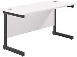 Office Hippo Heavy Duty Rectangular Cantilever Desk, Home Office Table + Integrated Cable Ports, PC Desk for Home, 5 Yr Wty - Black Frame/White Top, 140cm x 60cm