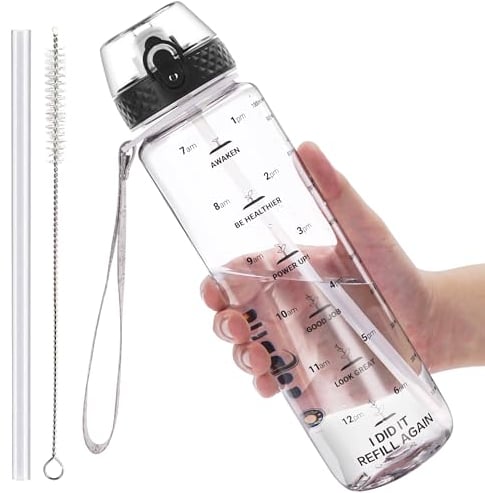 GOPPUS 1000ML/32OZ Tritan Water Bottle with Straw 1 Litre Leakproof Drink Bottle with Measurements Sport Bottles with Lockable Flip Top Motivational Bottles with Time Marks for School, Adults, Cycling