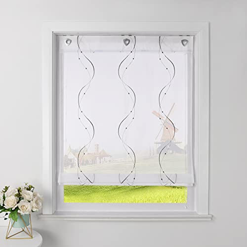 CORLIF Raffrollo Landhaus Raffgardine Küche Modern Ösenrollo Leinenoptik mit Wellenmuster Transparente Rollos Kurz Fenster Schal mit Ösen B/H 120/140 cm Grau