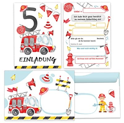 Junapack 12 Einladungskarten incl. 12 Umschläge zum 5. Kindergeburtstag fünfte Geburtstag Jungen Feuerwehr Feuerwehrauto