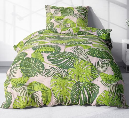 Heubergshop 2-teilige Renforcé Bettwäsche 135x200cm und 80x80cm - Tropische Blätter in grün - 100% Baumwolle, Bettgarnitur (KY-510/1-Renforce)