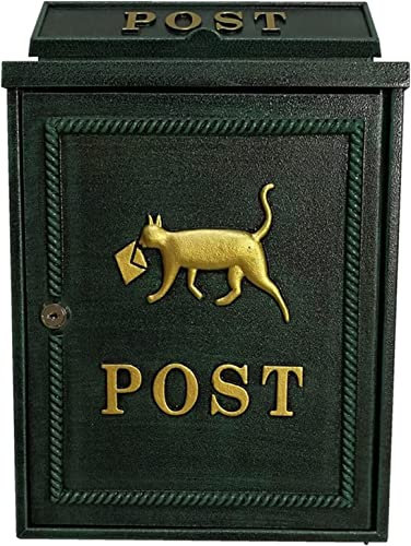 Briefkasten mit dekorativem Schloss für den Außenbereich, Retro, an der Wand befestigter Briefkasten aus Gusseisen, Garten, dekorative Katze (Color : Green)