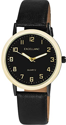 Excellanc Herren-Uhr Kunstleder Dornschließe Leuchtzeiger Analog Quarz 2900230 (schwarz schwarz goldfarbig)