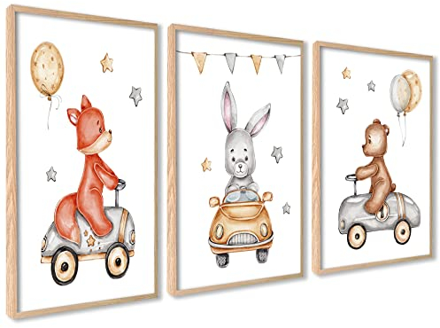 ag.art deco 3er Set Poster Kinderzimmer | 3 Stück A3 30x40cm | Fuchs Bär Hase Babyzimmer Mädchen und Junge Bilderset Poster Wald Tiere | ohne Rahmen