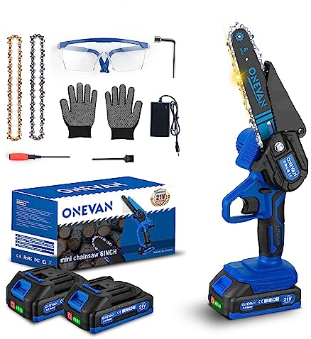 Mini Kettensäge mit Akku, 21V 6 Zoll Akku Kettensäge mit LED Leistungsanzeige, 2 Akku und Ladegerät, Leistungsstarke Motoren und Gehärtete Legierungsketten für Gartenbäumen Astschere Holzschneiden