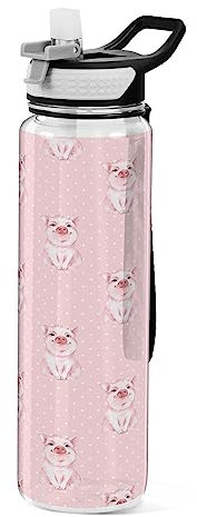 Mnsruu Cute Pig Water Bottle 1L with Straw, Leakproof BPA Free Tritan Drink Bottle, Sport Water Bottle for Men Women Kids