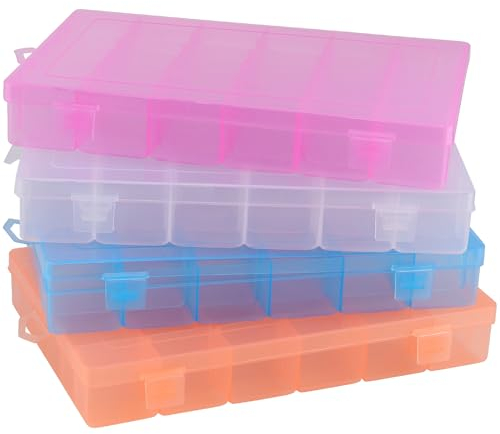 DAKFOOK 4 Pack 36 Grid Bead Organiser Storage Box, 27x17x4cm Colored Craft Bead Storage Boxes with Removable Compartments, 36 Compartment Box Bead Divider Box for Crafts Sewing Art Diamond Screws