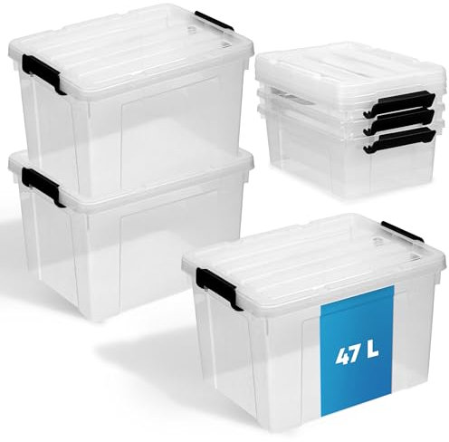 Schmacht® 3-er Set Aufbewahrungsboxen mit Deckel I BPA Frei I Mit oder Ohne Tragegriff | Aufbewahrungsbehälter mit verstärkter Bodenstruktur (Ohne Tragegriff - Transparent, 47l)