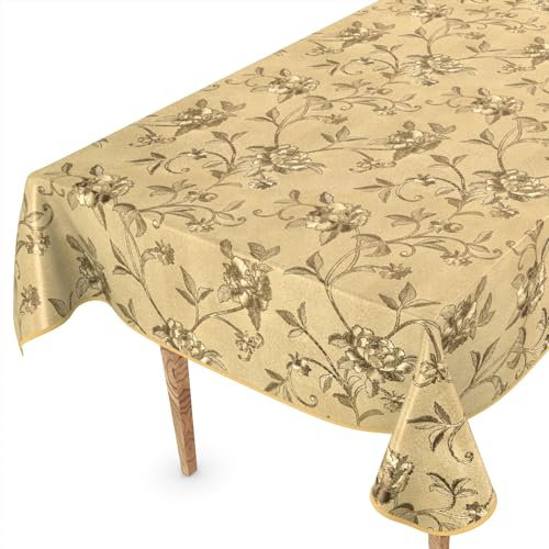 ANRO Wachstuch Tischdecke abwaschbar Wachstischdecke Plastik-Tischdecke Meterware edel glänzend eckig rund oval 140 x 140cm mit Saum Pionen Gold