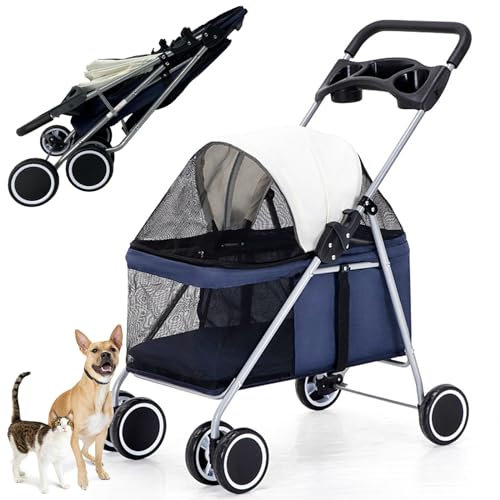 RUYICZB Hundewagen Faltbarer Hundebuggy Hundebox Transporttasche Bis 15 Kg Haustier Buggy Mit Netzfenstern & Getränkehalter Haustier Transportwagen Hunde Jogger Buggy Katzen Wagen,Blau