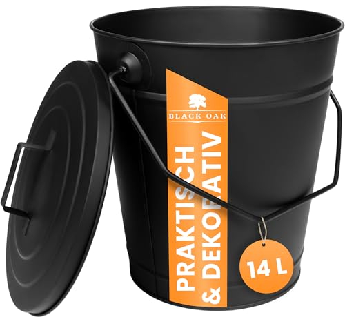 BLACK OAK Ascheeimer ETNA 14L – schwarz mit Deckel - groß 14 Liter - Stahl feuerfest verzinkt & pulverbeschichtet Asche & Kohle Eimer ideales Zubehör für Kamin Kachelofen Holzofen