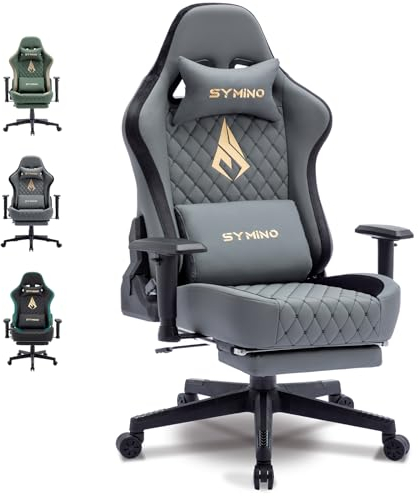 Symino Chaise Gaming Ergonomique et Fauteuil Gamer avec Repose-Pieds Télescopique Coussin à Ressorts, Support Lombaire et Hauteur Réglable 200kg (Simili Cuir, Gris)