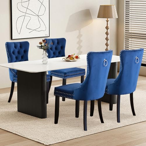 SoarTalent Lot de 4 chaises de Salle à Manger rembourrées en Velours de Style Moderne avec Garniture en tête de Clou et Pieds en Bois, Anneau de Traction en métal pour Salle à Manger, Salon (Bleu)