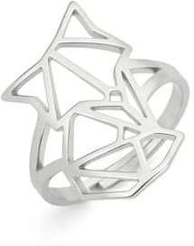 Amaxer Niedlicher Origami Wolf Fuchs gekrönter König der Löwen Ring verstellbar geometrisch ausgehöhlt Edelstahl Fingerring für Unisex Tierliebhaber (Fuchs)