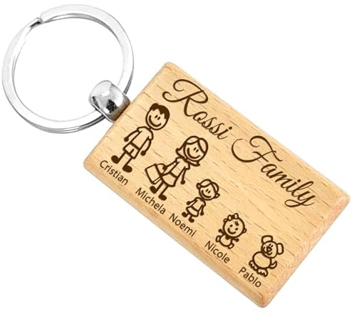 Stileitaliano portachiavi personalizzato Family personalizzabile con personaggi nomi famiglia per Famiglie idea regalo (Legno chiaro)