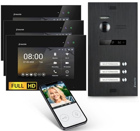 Balter EVO-HD Video Türsprechanlage, Video Türklingel mit Kamera, 3 familienhaus Klingel, Smartphone App, 7 Zoll HD Monitor, Full HD-Kamera, 2 Draht Bus, Gegensprechanlage mit 175° Weitwinkel