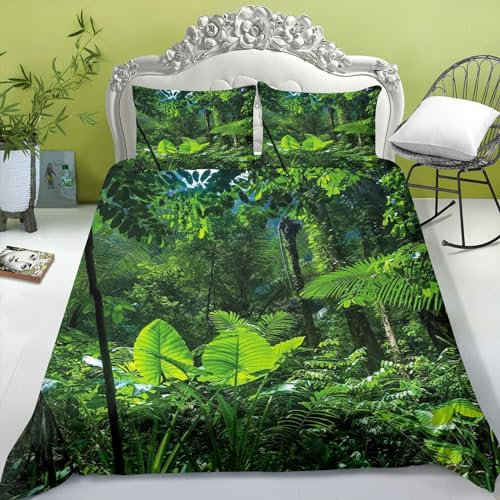 FABTOP Tropisch Dschungel Regenwald Bettwäsche Set 135x200cm 3D Dschungel Palmen Blätter Muster Bettbezug Grün Dschungel Botanisch Pflanze Grüne Blätter Bettwäsche (4,135x 200 cm)