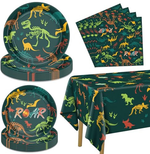 61 Pcs Dinosaur Birthday Decorations - Including Plates, Napkins, Dino Tablecloth Party Decorations for Boys Kids Dinosaur Birthday Supplies, Serve 20 Guests