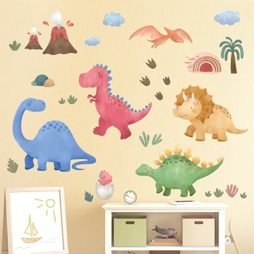 DECOWALL SG2-2409 Aquarellfarben Dinosaurier Wandtattoo Kinderzimmer Heimdeko Kinder Baby Jungen Tiere bunt Schlafzimmer Spielzimmer