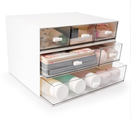 Luabue Stackable Desktop Storage Drawers Plastic Drawers Storage Unit White Makeup Drawer Organiser Stationery Desk Storage Box with 6 Drawers for Home Cosmetics Jewelry Office Supplies, 3 Flat Layers