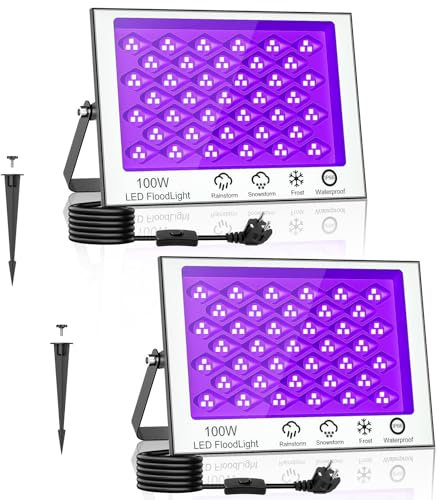 papasbox 2 Stück 100W Schwarzlichtlampe Schwarzlicht Strahler Blacklight | UV LED Lampe mit Stecker Schalter Erdspieß IP66 Wasserdicht UV Licht für Partylicht Party Deko