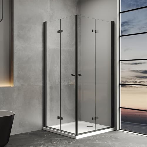 IMPTS Duschkabine 70x100 cm Falttür Eckeinstieg Schwarz Doppel Falttüren Duschtüren 180º Eckig Faltbar Dusche Duschwand Duschabtrennung 6mm Sicherheitsglas mit Duschwanne, Höhe 185cm